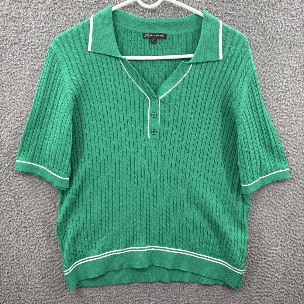 Adrianna Papell Sweater Womens XL Green Cable Knit Short Sleeve Collared Top